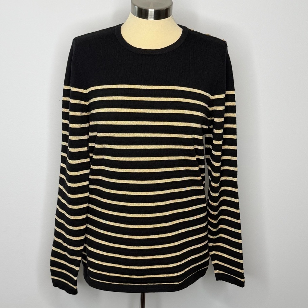 J. McLaughlin Black and Gold Metallic Striped Crew Neck Sweater